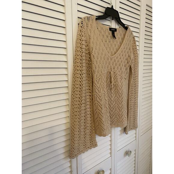 Express Open Knit Sweater Long Bell Sleeves Babydoll Boho Tan Western Size M - Picture 3 of 6